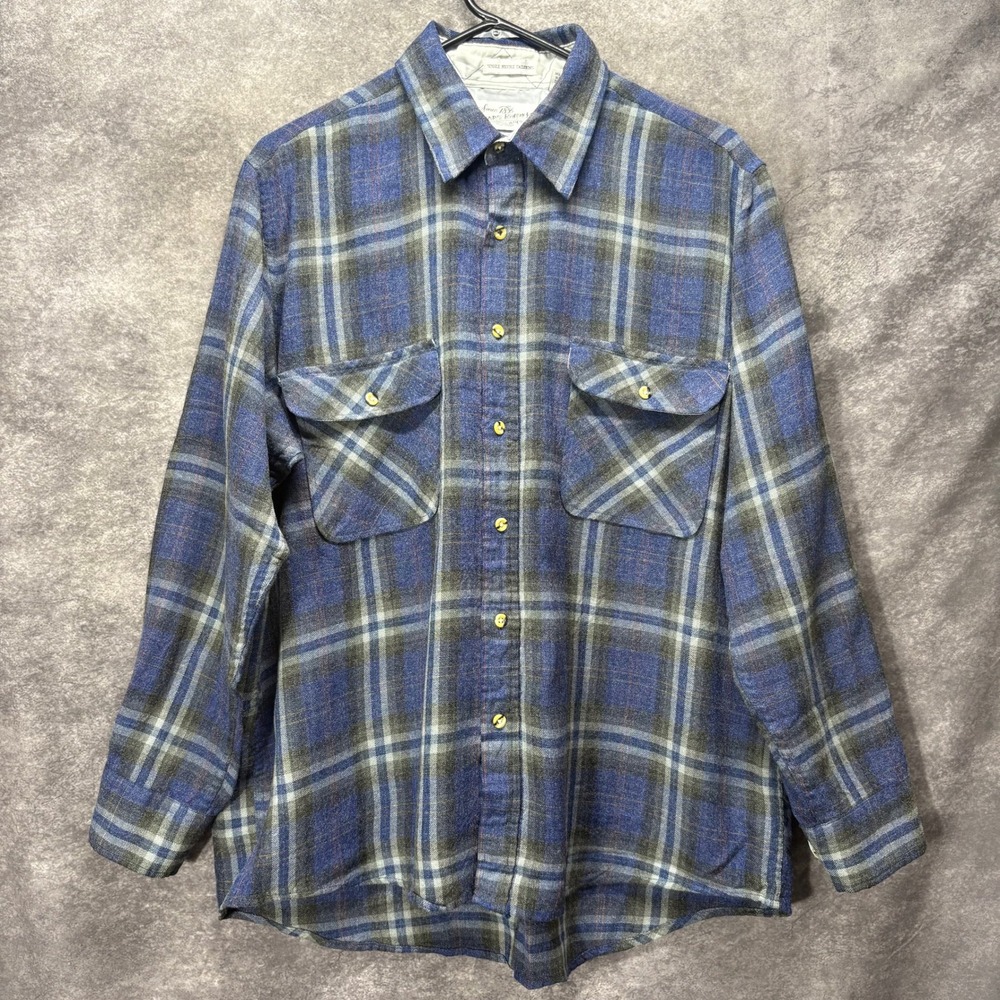 VTG Sears Roebuck Blue Plaid Wool Blend Flannel Button Up Shirt Men's L Heritage